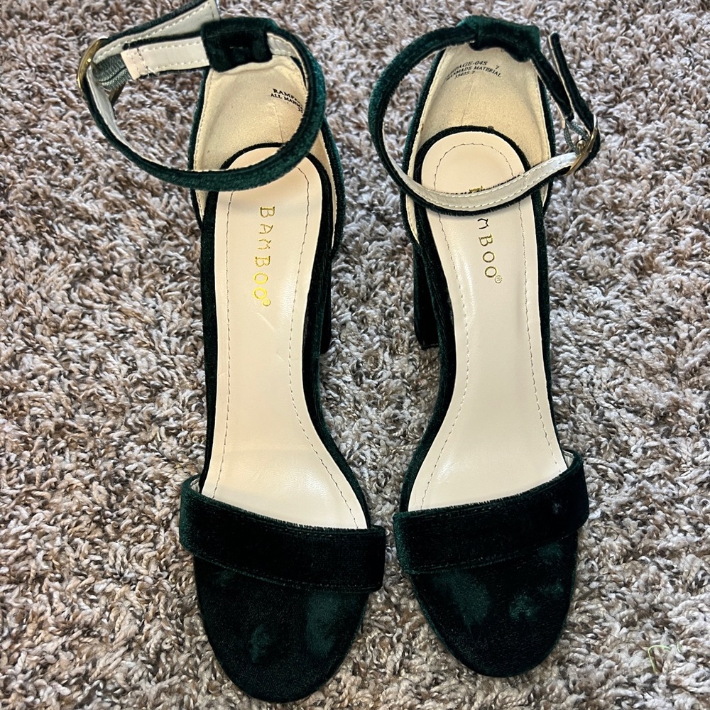 Bamboo Women's Green Velvet Ankle Strap Heels